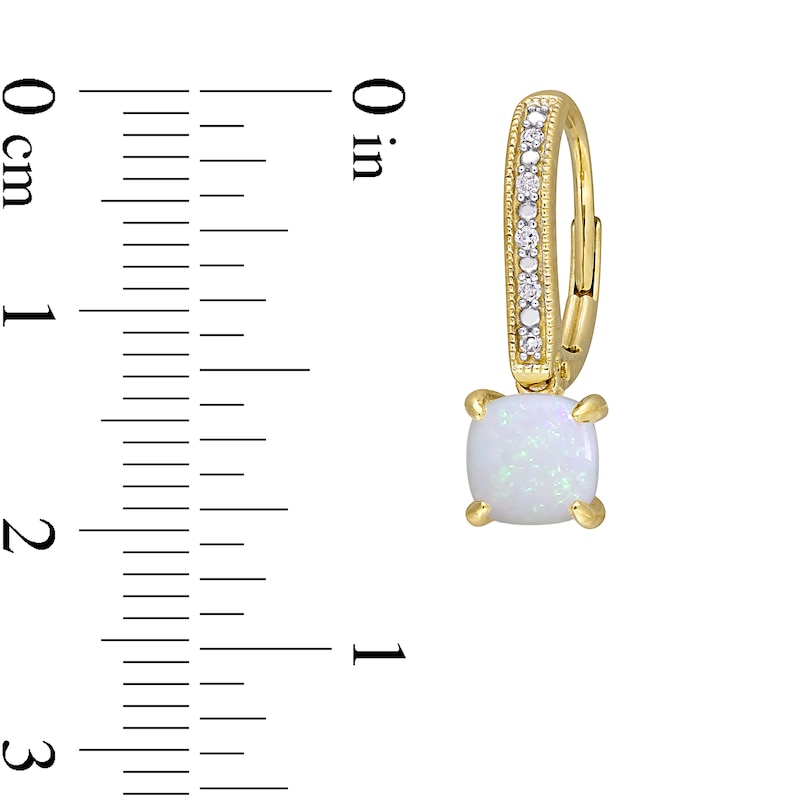 Main Image 3 of 6.0mm Cushion-Cut Opal and 0.05 CT. T.W. Diamond Vintage-Style Drop Earrings in 10K Gold