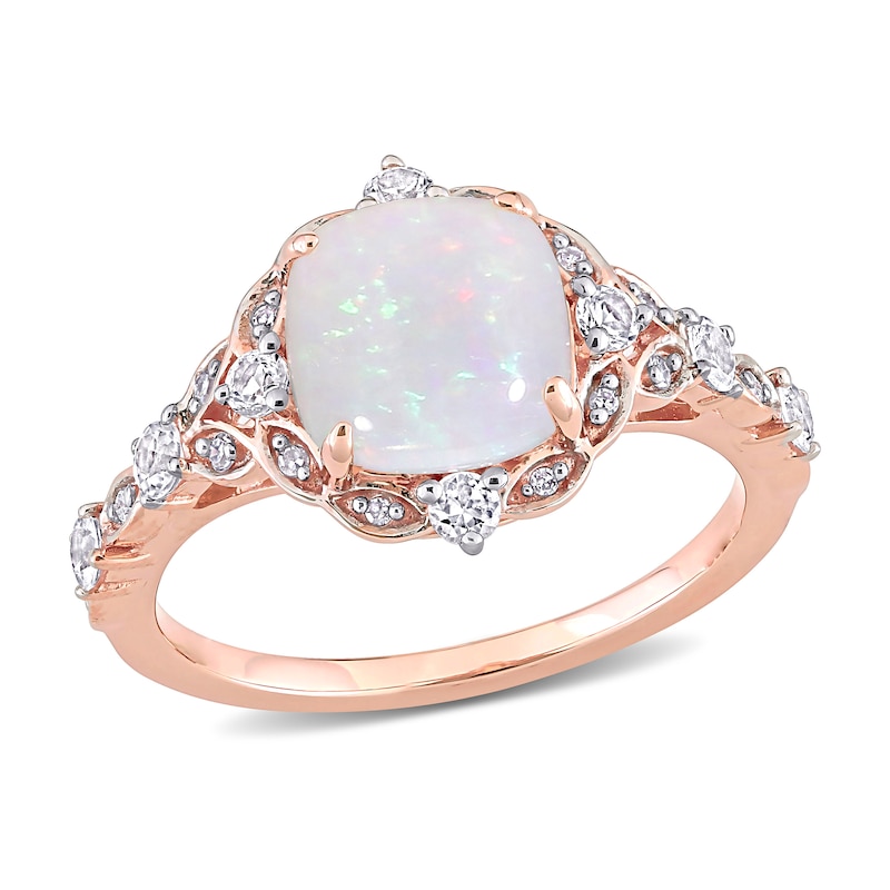 8.0mm Cushion-Cut Opal, White Sapphire and 0.064 CT. T.W. Diamond Ornate Frame Vintage-Style Ring in 10K Rose Gold|Peoples Jewellers