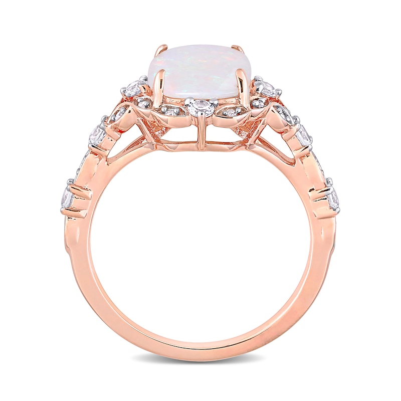 8.0mm Cushion-Cut Opal, White Sapphire and 0.064 CT. T.W. Diamond Ornate Frame Vintage-Style Ring in 10K Rose Gold