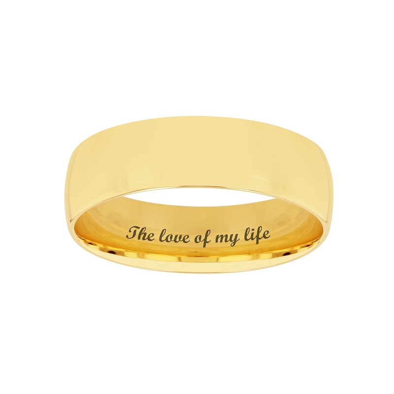 Men's 6.0mm Engravable Semi Comfort-Fit Low Dome Wedding Band in 10K White, Yellow or Rose Gold (1 Line)