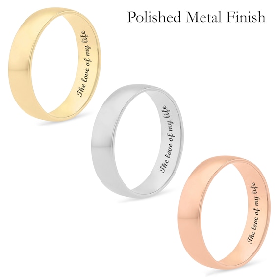 Men's 6.0mm Engravable Semi Comfort-Fit Low Dome Wedding Band in 10K White, Yellow or Rose Gold (1 Line)