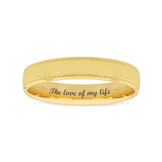 4.0mm Engravable Comfort-Fit Coin-Textured Edge Wedding Band in 14K White or Yellow Gold (1 Line)