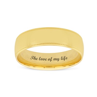 Men's 6.0mm Engravable Comfort-Fit Coin-Textured Edge Wedding Band in 14K White or Yellow Gold (1 Line)