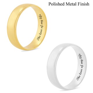 Men's 6.0mm Engravable Comfort-Fit Coin-Textured Edge Wedding Band in 14K White or Yellow Gold (1 Line)