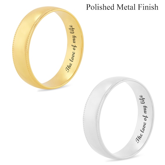 Men's 6.0mm Engravable Comfort-Fit Coin-Textured Edge Wedding Band in 14K White or Yellow Gold (1 Line)