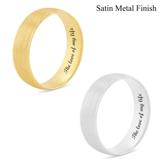 Men's 6.0mm Engravable Comfort-Fit Coin-Textured Edge Wedding Band in 14K White or Yellow Gold (1 Line)