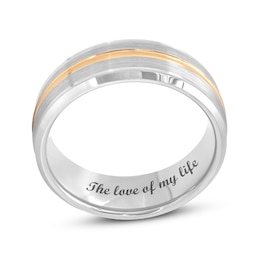 Men's 8.0mm Satin Inlay Groove Bevelled Edge Comfort-Fit Wedding Band in Tantalum and Yellow IP (1 Line)