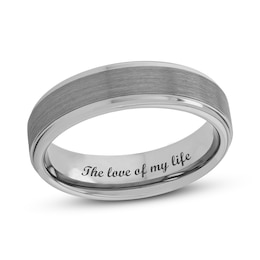 Men's 6.0mm Engravable Brushed Inlay Stepped Edge Comfort-Fit Wedding Band in Black, White or Grey Tungsten (1 Line)