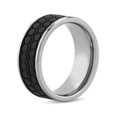 Men's 9.0mm Brushed Hexagonal Tire Tread Bevelled Edge Comfort-Fit Wedding Band in Tungsten and Carbon Fibre (1 Line)