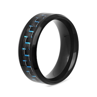 Men's 8.0mm Bevelled Edge Wedding Band in Stainless Steel with Black and Blue IP and Woven Carbon Fibre Inlay (1 Line)