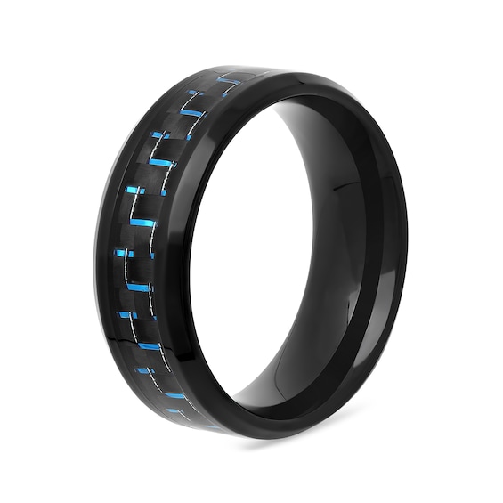 Men's 8.0mm Bevelled Edge Wedding Band in Stainless Steel with Black and Blue IP and Woven Carbon Fibre Inlay (1 Line)