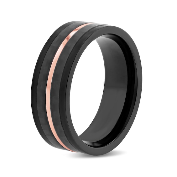 Men's 8.0mm Groove Comfort-Fit Wedding Band in Stainless Steel with Black and Rose IP and Carbon Fibre Inlay (1 Line)