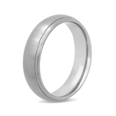 Men's 6.0mm Engravable Satin Low Dome Stepped Edge Comfort-Fit Wedding Band in Titanium (1 Line)