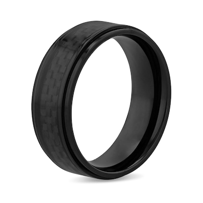 Men's 8.0mm Engravable Stepped Edge Comfort-Fit Wedding Band in Titanium with Black IP and Carbon Fibre Inlay (1 Line)