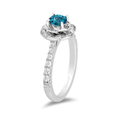 Enchanted Disney Cinderella 5.0mm London Blue Topaz and 0.29 CT. T.W. Diamond Frame Engagement Ring in 14K White Gold