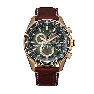 Men's Citizen Eco-Drive® Perpetual Chrono A-T Rose-Tone Chronograph Strap Watch with Green Dial (Model: CB5919-00X)