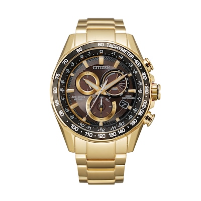 Men's Citizen Eco-Drive® Perpetual Chrono A-T Gold-Tone Chronograph Watch with Black Dial (Model: CB5912-50E)