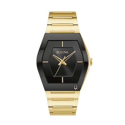 Men's Bulova Gemini Gold-Tone Watch with Tonneau Black Dial (Model: 97A164)