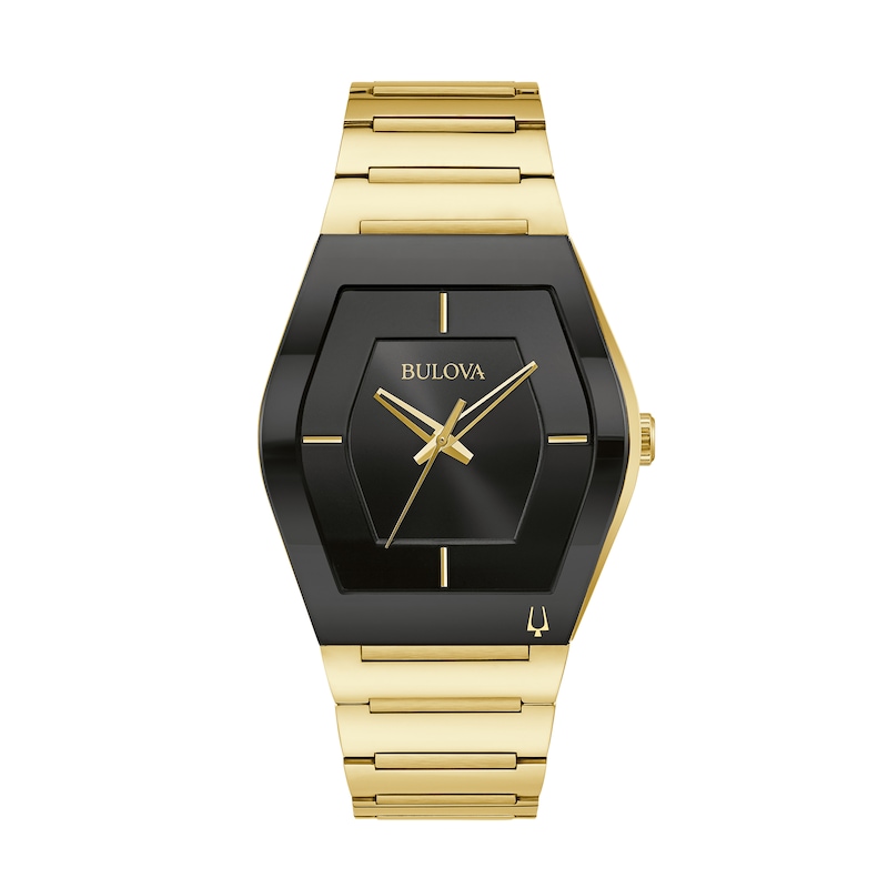 Men's Bulova Gemini Gold-Tone Watch with Tonneau Black Dial (Model: 97A164)|Peoples Jewellers