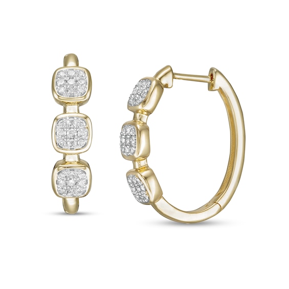 0.25 CT. T.W. Composite Cushion Diamond Linear Three Stone Hoop Earrings in 10K Gold