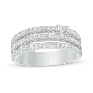 0.50 CT. T.W. Baguette and Round Diamond Triple Row Anniversary Band in 14K White Gold