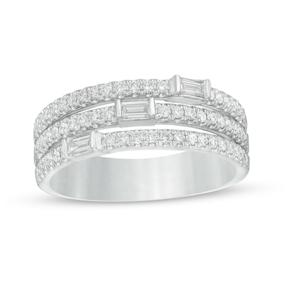 0.50 CT. T.W. Baguette and Round Diamond Triple Row Anniversary Band in 14K White Gold