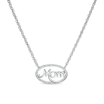 0.06 CT. T.W. Diamond Sideways Oval "Mom" Necklace in Sterling Silver