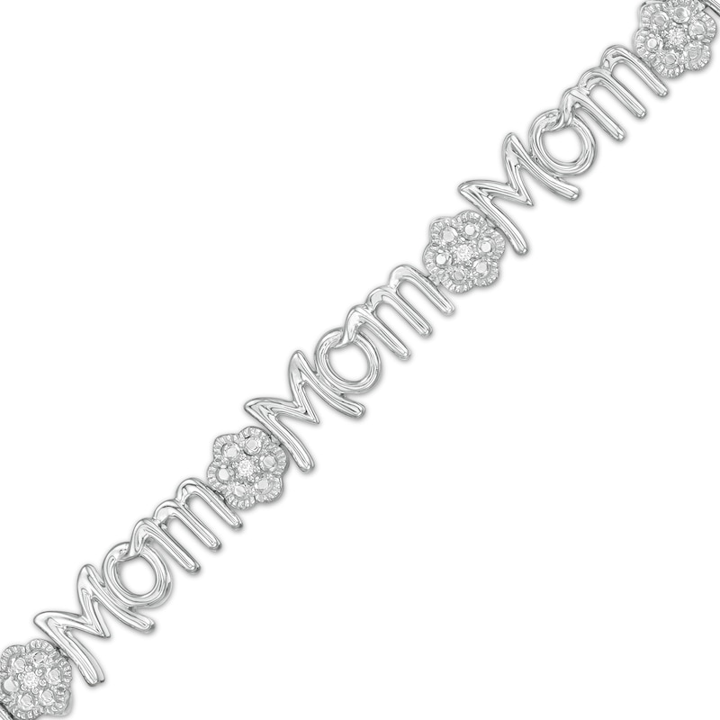 0.04 CT. T.W. Diamond Alternating "Mom" and Flower Bracelet in Sterling Silver - 7.5"