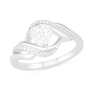 Heart-Shaped White Lab-Created Sapphire and Diamond Accent Ribbon Ring in Sterling Silver