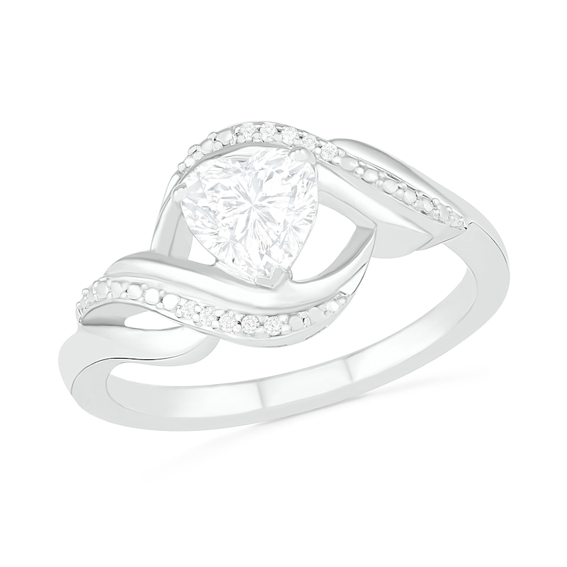 Heart-Shaped White Lab-Created Sapphire and Diamond Accent Ribbon Ring in Sterling Silver|Peoples Jewellers