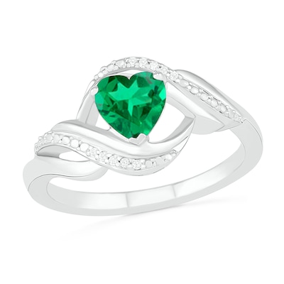 Heart-Shaped Lab-Created Emerald and Diamond Accent Ribbon Ring in Sterling Silver