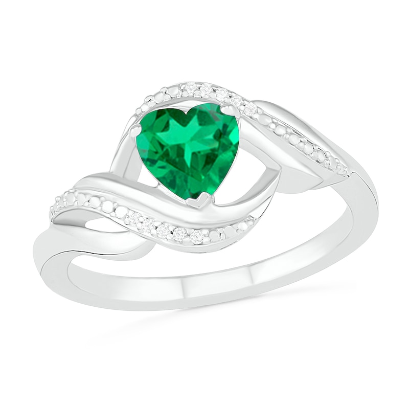 Heart-Shaped Lab-Created Emerald and Diamond Accent Ribbon Ring in Sterling Silver|Peoples Jewellers