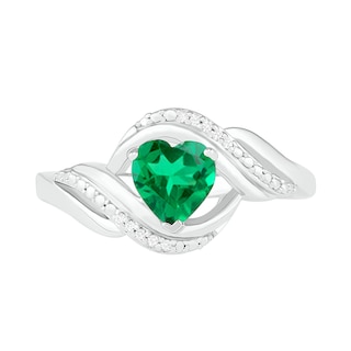 Heart-Shaped Lab-Created Emerald and Diamond Accent Ribbon Ring in Sterling Silver