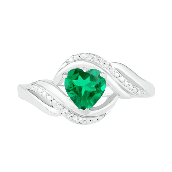 Heart-Shaped Lab-Created Emerald and Diamond Accent Ribbon Ring in Sterling Silver