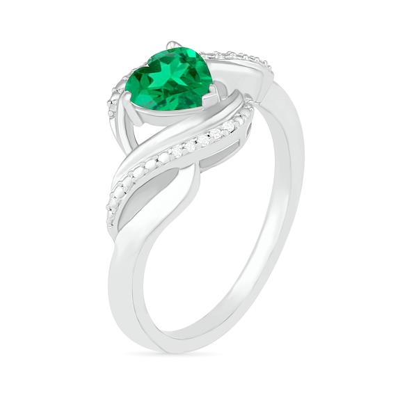 Heart-Shaped Lab-Created Emerald and Diamond Accent Ribbon Ring in Sterling Silver