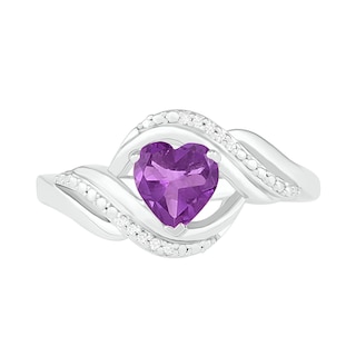 Heart-Shaped Amethyst and Diamond Accent Ribbon Ring in Sterling Silver