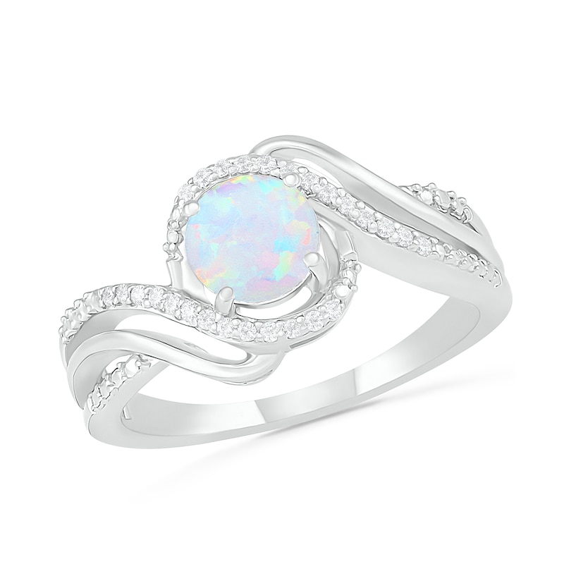 Lab-Created Opal and 0.065 CT. T.W. Diamond Split Shank Bypass Ring in Sterling Silver|Peoples Jewellers