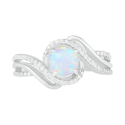 Lab-Created Opal and 0.065 CT. T.W. Diamond Split Shank Bypass Ring in Sterling Silver