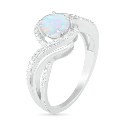 Lab-Created Opal and 0.065 CT. T.W. Diamond Split Shank Bypass Ring in Sterling Silver