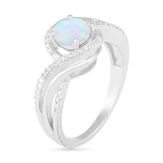 Lab-Created Opal and 0.065 CT. T.W. Diamond Split Shank Bypass Ring in Sterling Silver