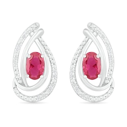 Oval Lab-Created Ruby and 0.067 CT. T.W. Diamond Ribbon Flame Drop Earrings in Sterling Silver