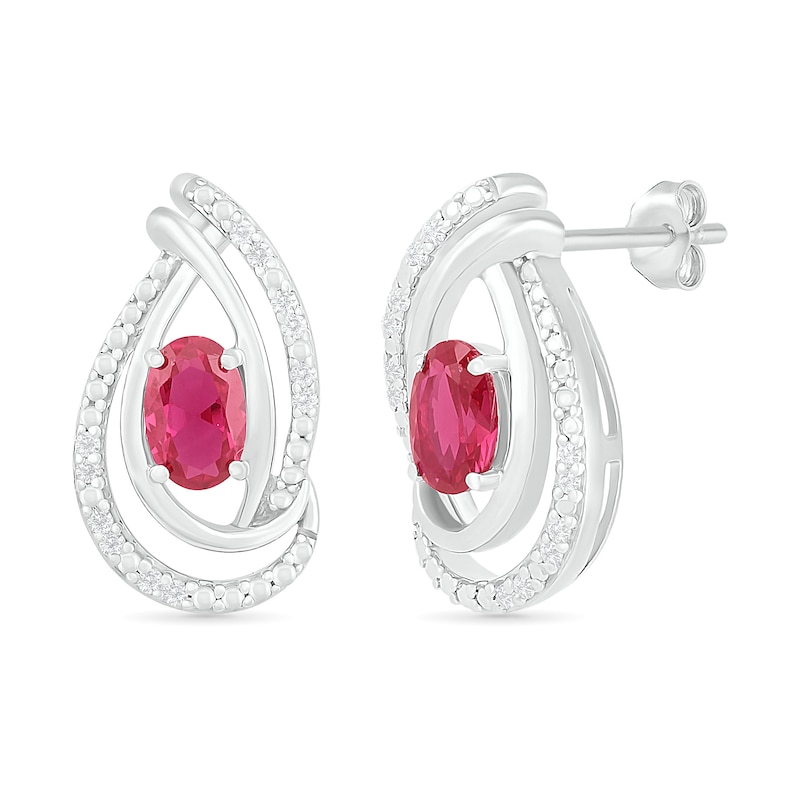 Oval Lab-Created Ruby and 0.067 CT. T.W. Diamond Ribbon Flame Drop Earrings in Sterling Silver|Peoples Jewellers
