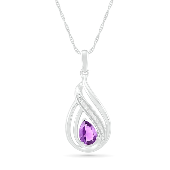 Pear-Shaped Amethyst and Diamond Accent Flame Frame Pendant in Sterling Silver