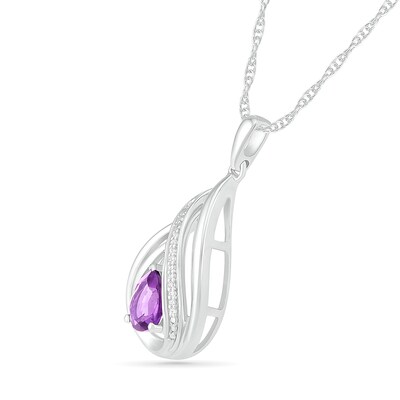 Pear-Shaped Amethyst and Diamond Accent Flame Frame Pendant in Sterling Silver