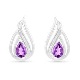 Pear-Shaped Amethyst and 0.065 CT. T.W. Diamond Flame Drop Earrings in Sterling Silver