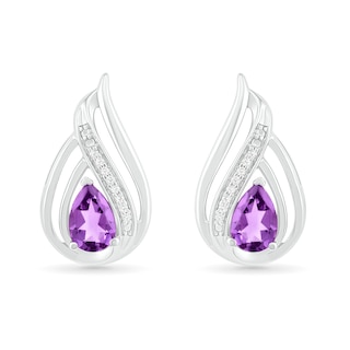 Pear-Shaped Amethyst and 0.065 CT. T.W. Diamond Flame Drop Earrings in Sterling Silver