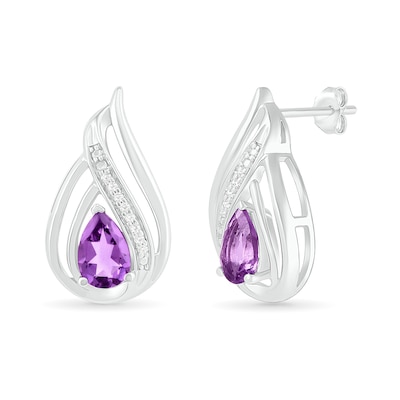 Pear-Shaped Amethyst and 0.065 CT. T.W. Diamond Flame Drop Earrings in Sterling Silver