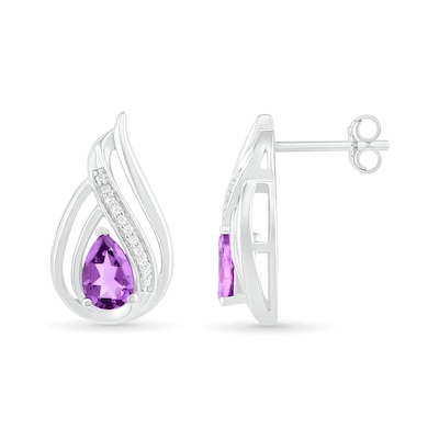 Pear-Shaped Amethyst and 0.065 CT. T.W. Diamond Flame Drop Earrings in Sterling Silver