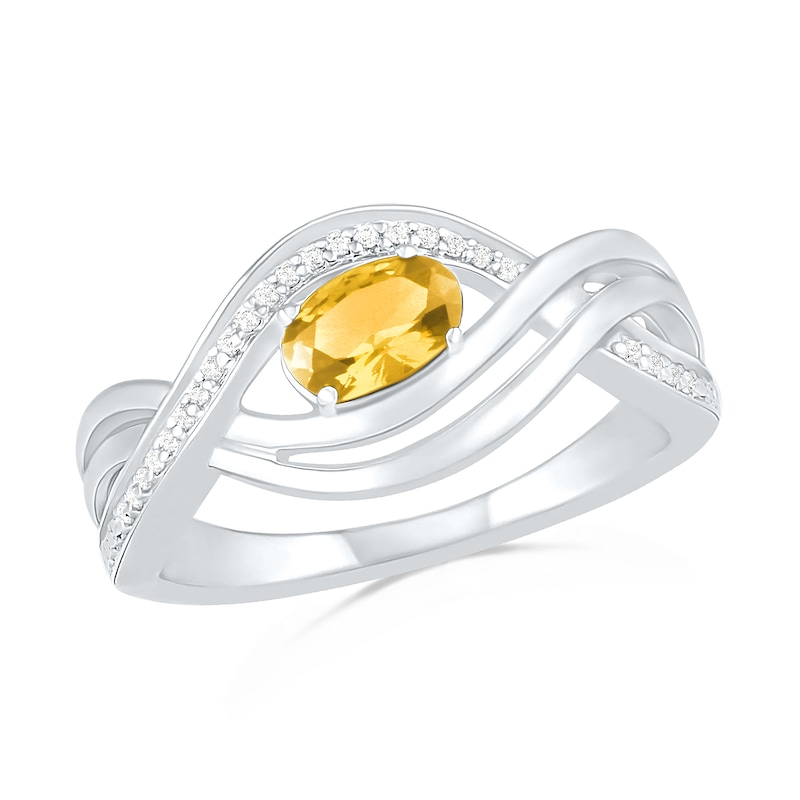Sideways Oval Citrine and 0.067 CT. T.W. Diamond Multi-Row Bypass Split Shank Ring in Sterling Silver|Peoples Jewellers