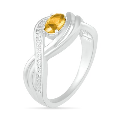 Sideways Oval Citrine and 0.067 CT. T.W. Diamond Multi-Row Bypass Split Shank Ring in Sterling Silver